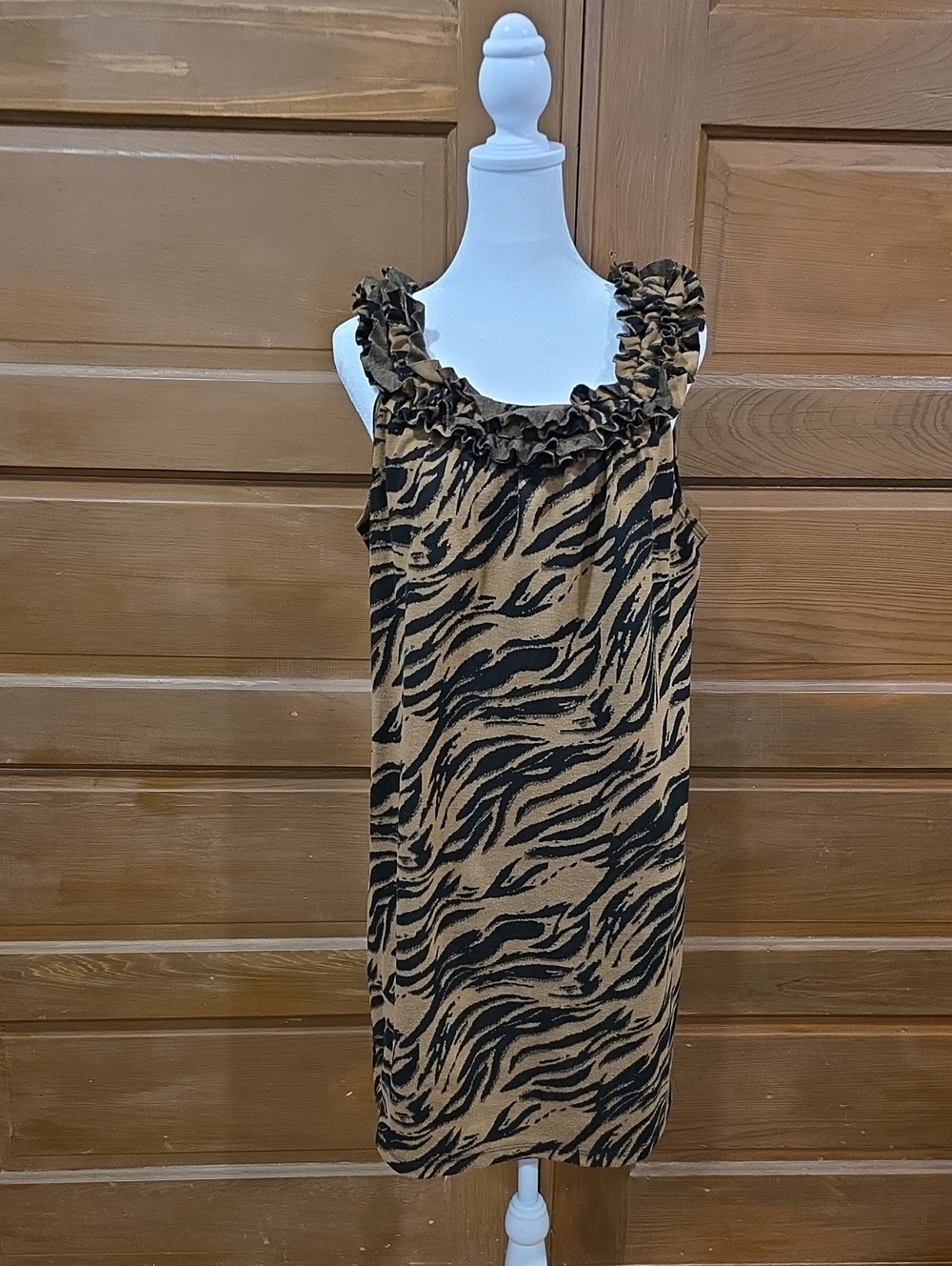 Tiana B. Ruffle-Neck Zebra-Print Mini Dress in Brown and Black